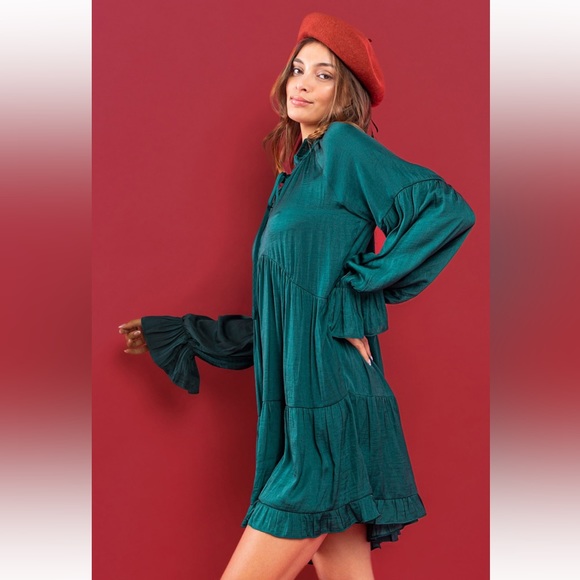 01 Washed Satin Tie Front Tiered Flowy Dress - Picture 4 of 5